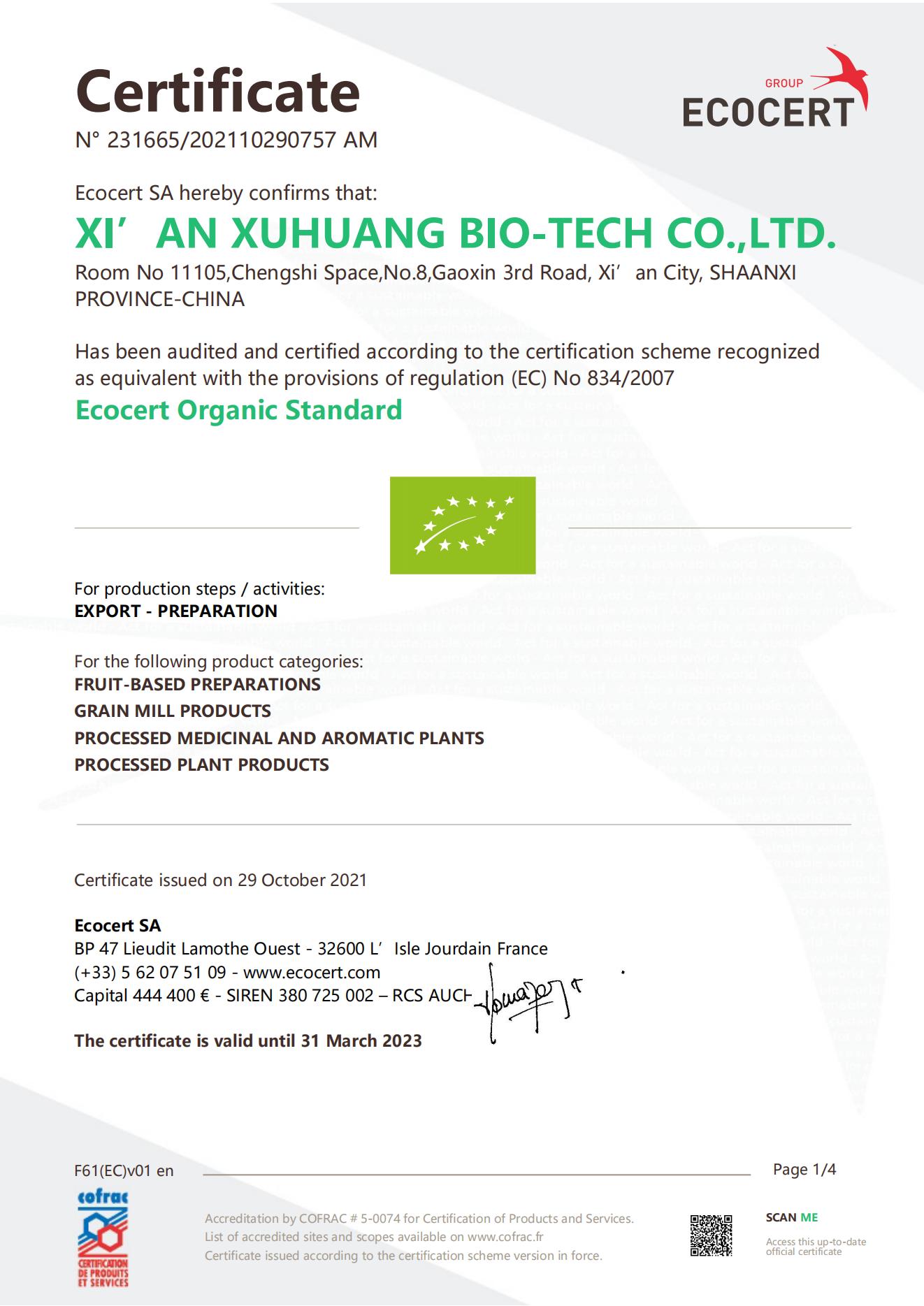 Certificado Orgânico EU-Xuhuang